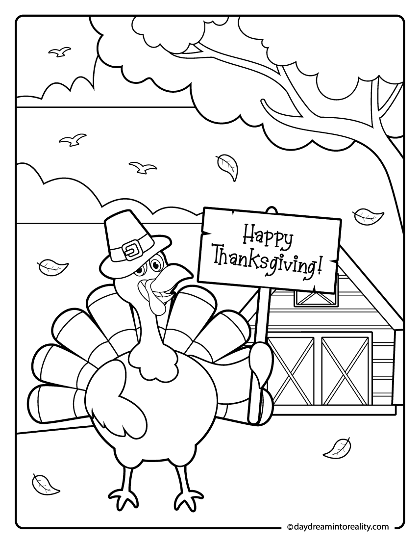 turkey with barn and sign thanksgiving coloring page for kids