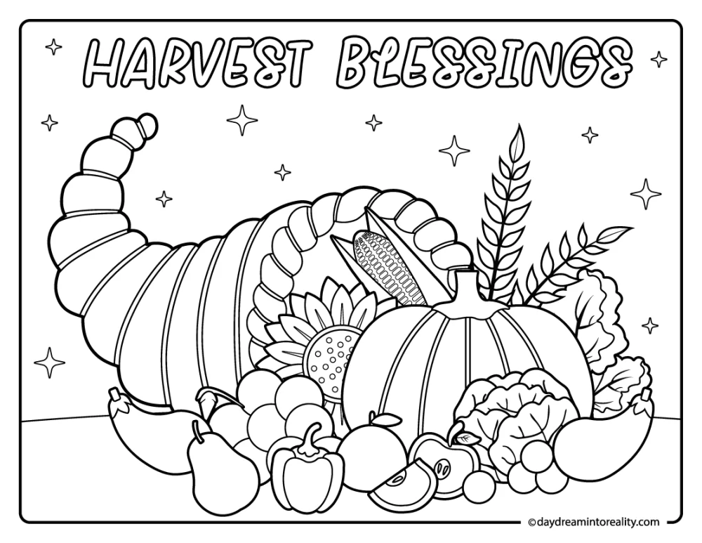 cornucopia thanksgiving coloring page with fruits vegetables and pumpkin