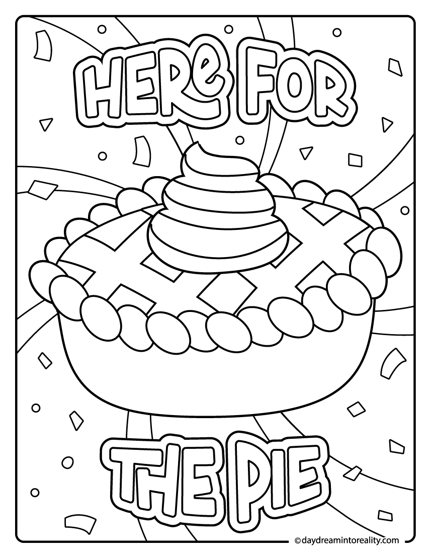 thanksgiving dessert coloring page for kids featuring pie and whipped cream