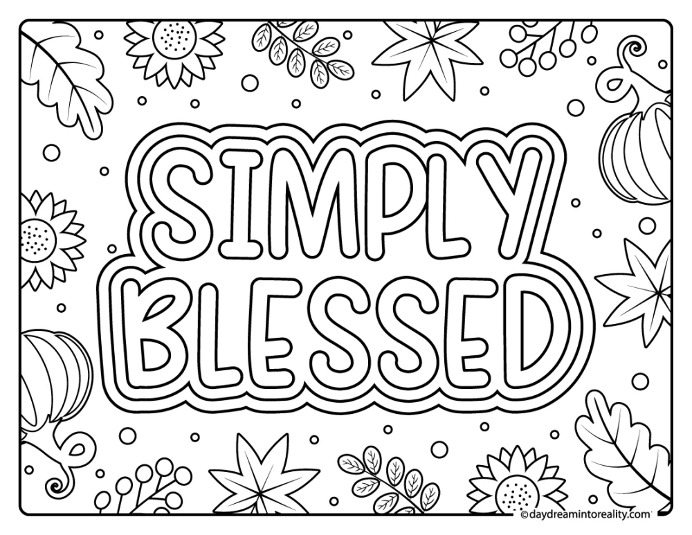 thankful and blessed thanksgiving coloring page with fall flowers and leaves