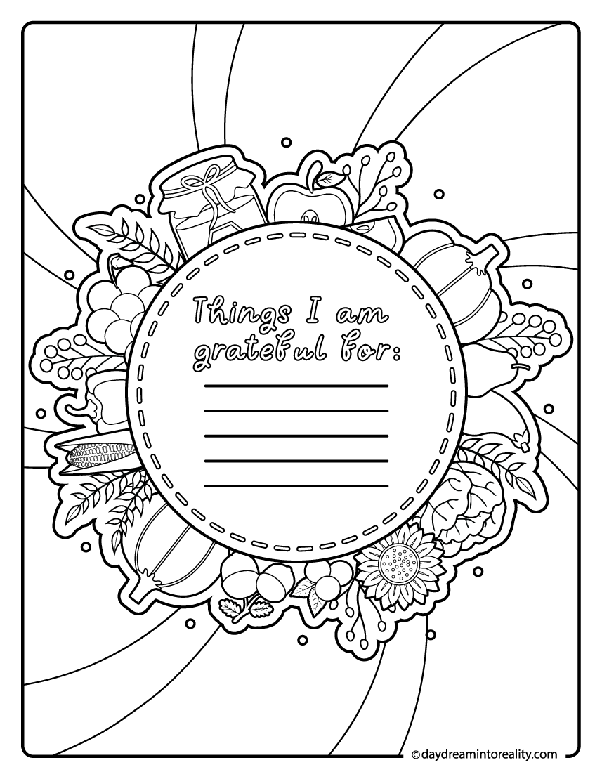 gratitude worksheet for kids to write things they are thankful for and color