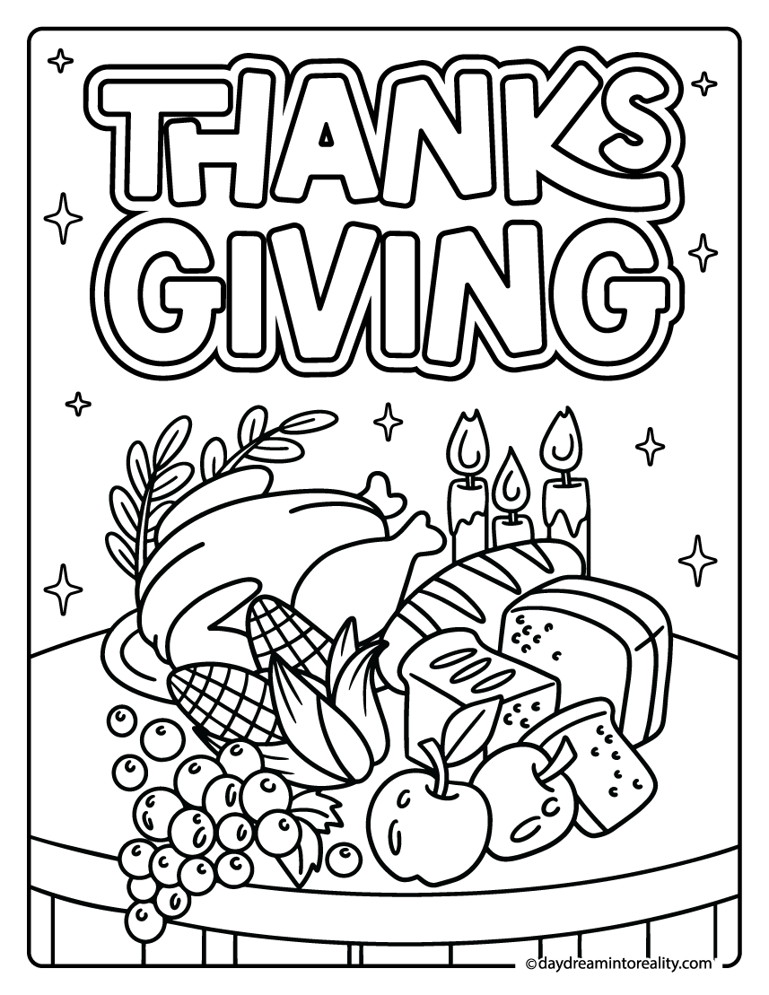 thanksgiving dinner table coloring sheet with turkey bread and fruit