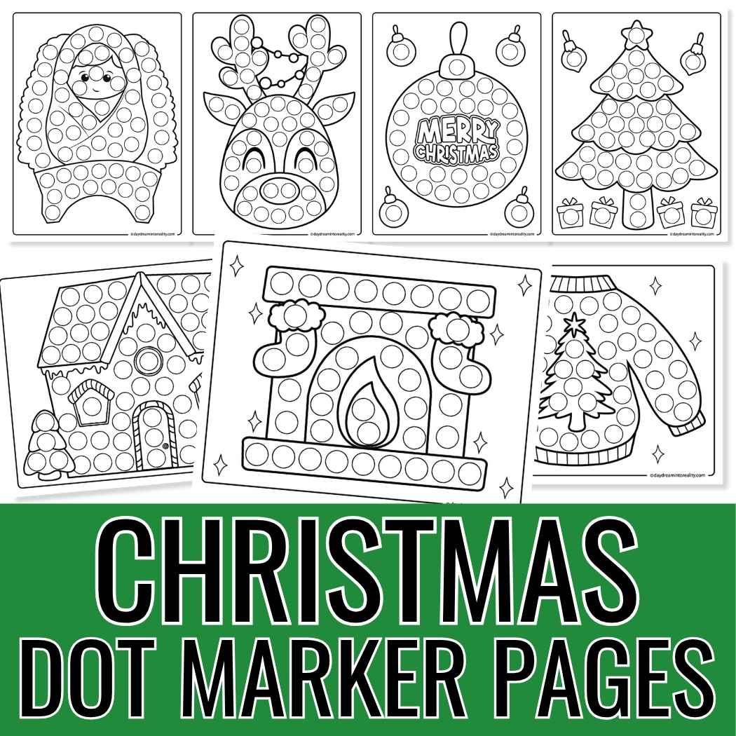 Christmas dot marker printable activity for kids and preschool, including Santa, Christmas tree, ornaments, and gifts