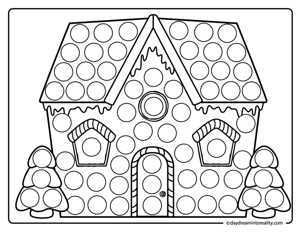 Gingerbread house dot marker page for preschool and kindergarten Christmas fun