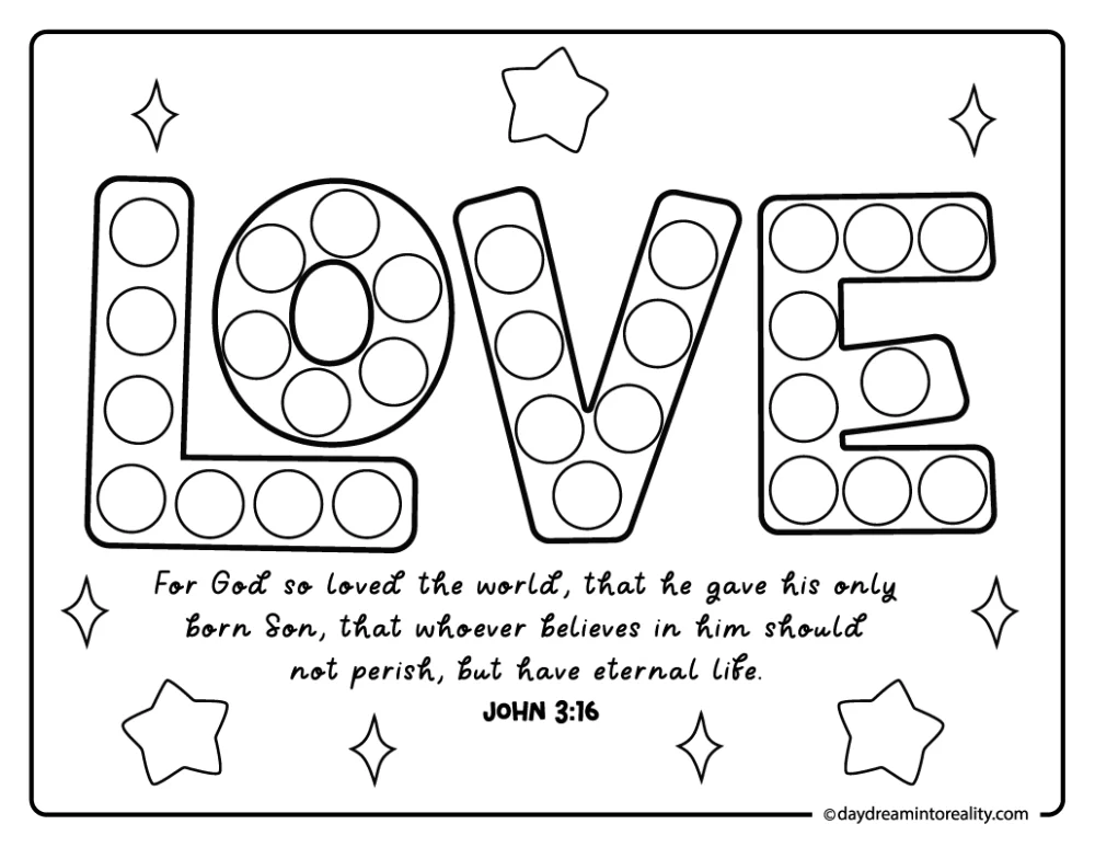 Love Bible verse dot marker coloring sheet for kids and Sunday school