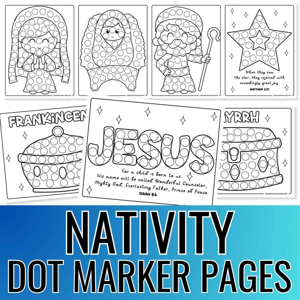 Nativity dot marker printable for kids and toddlers, fun religious Christmas activity featuring manger, wise men gifts, and more!