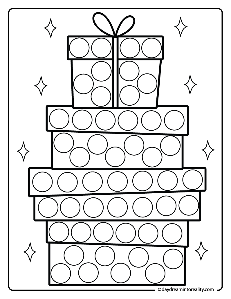 Gift stack dot marker sheet for toddlers and preschool Christmas fun