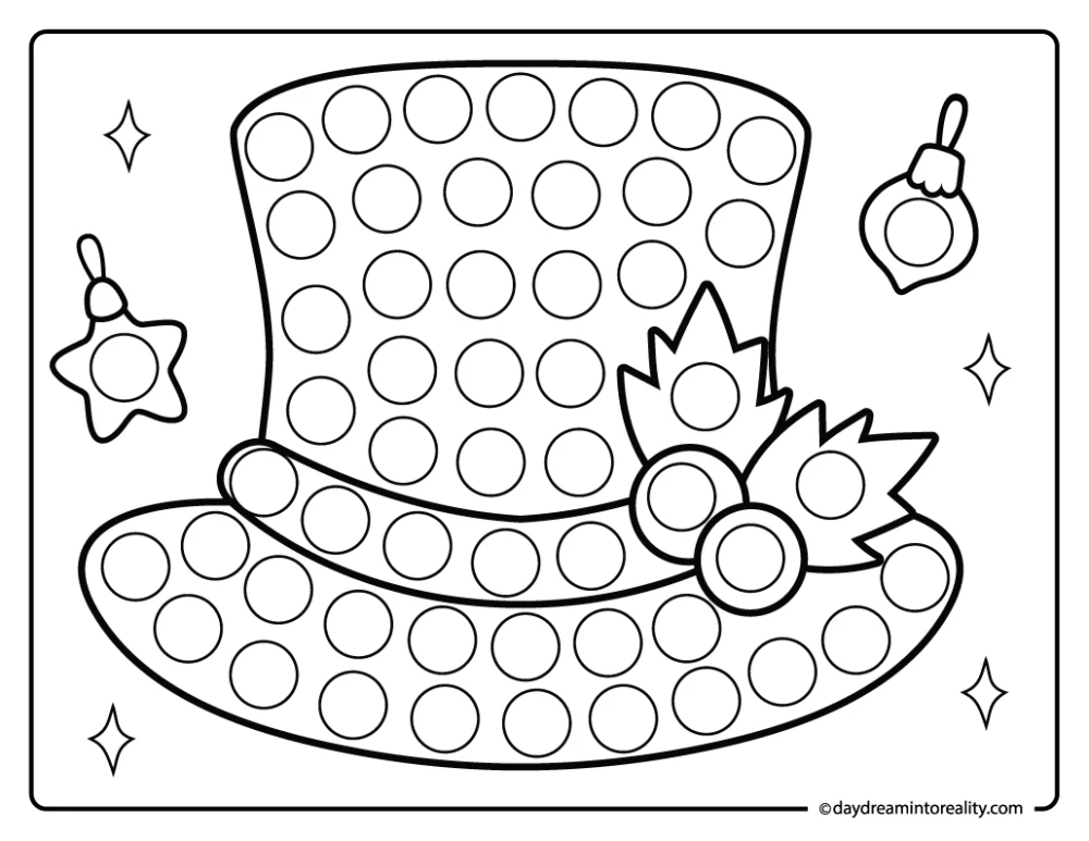 Fancy hat with holly dot marker sheet for preschool and kindergarten kids