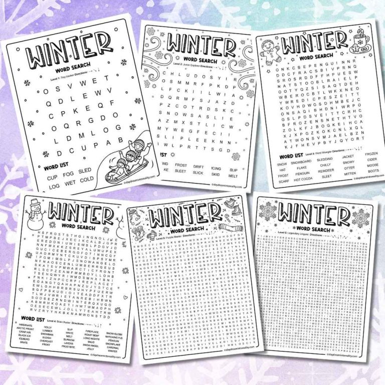 winter word search collection with multiple levels from preschool to adults