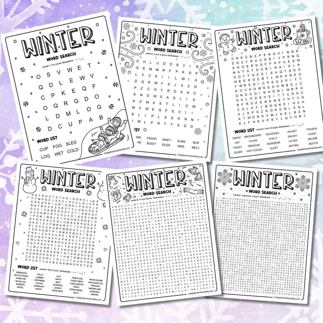 winter word search collection with multiple levels from preschool to adults