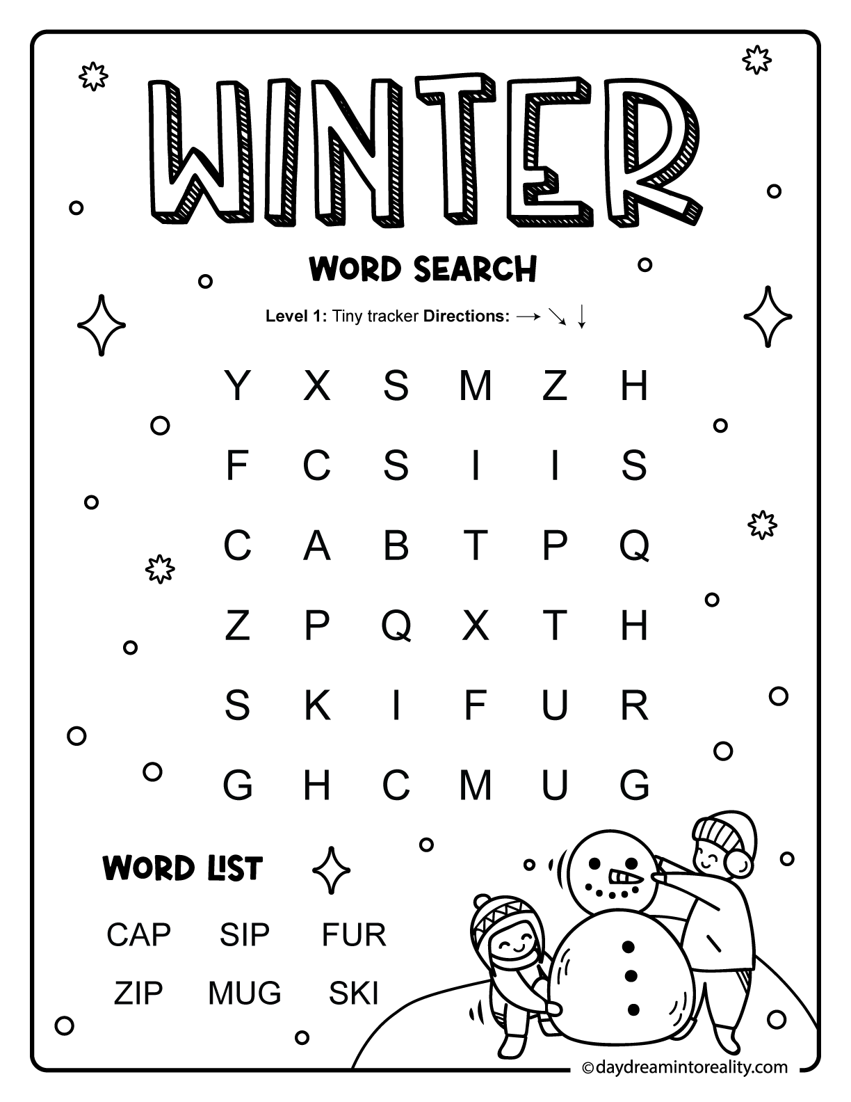 Easy winter word search for preschool and early readers using simple CVC and CVCC winter words in a small beginner-friendly grid.
