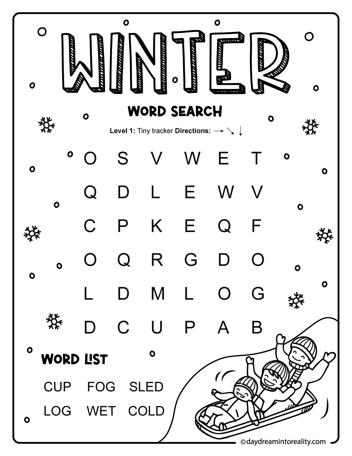 Printable winter word search for preschoolers featuring short CVC and CCVC seasonal words designed to support early phonics skills.