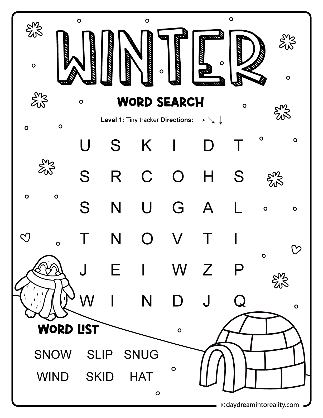 Winter word search worksheet for early readers with simple CVC-style winter words in an easy grid perfect for phonics practice.