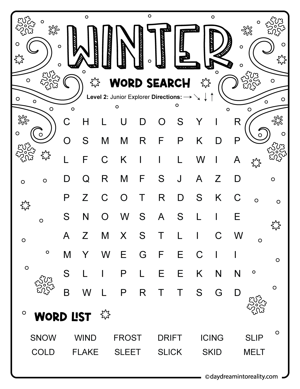 Winter word search for first grade with a medium grid and age-appropriate seasonal vocabulary for building reading confidence.