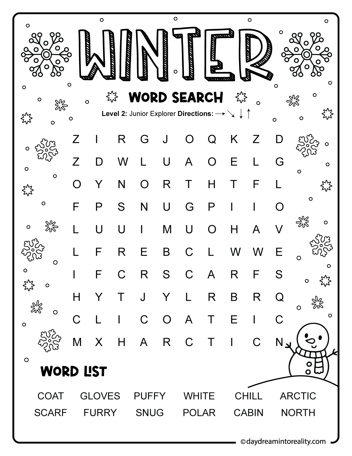 Printable winter word search for first graders using familiar winter words in a clear grid ideal for classroom or homeschool use.