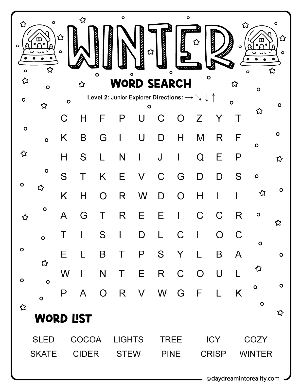 Fun winter word search for young elementary readers with simple seasonal words that support early literacy skills.