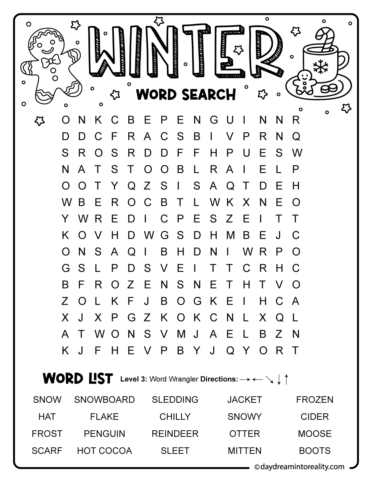 Medium-level winter word search for second grade featuring a larger grid and a mix of general winter vocabulary.