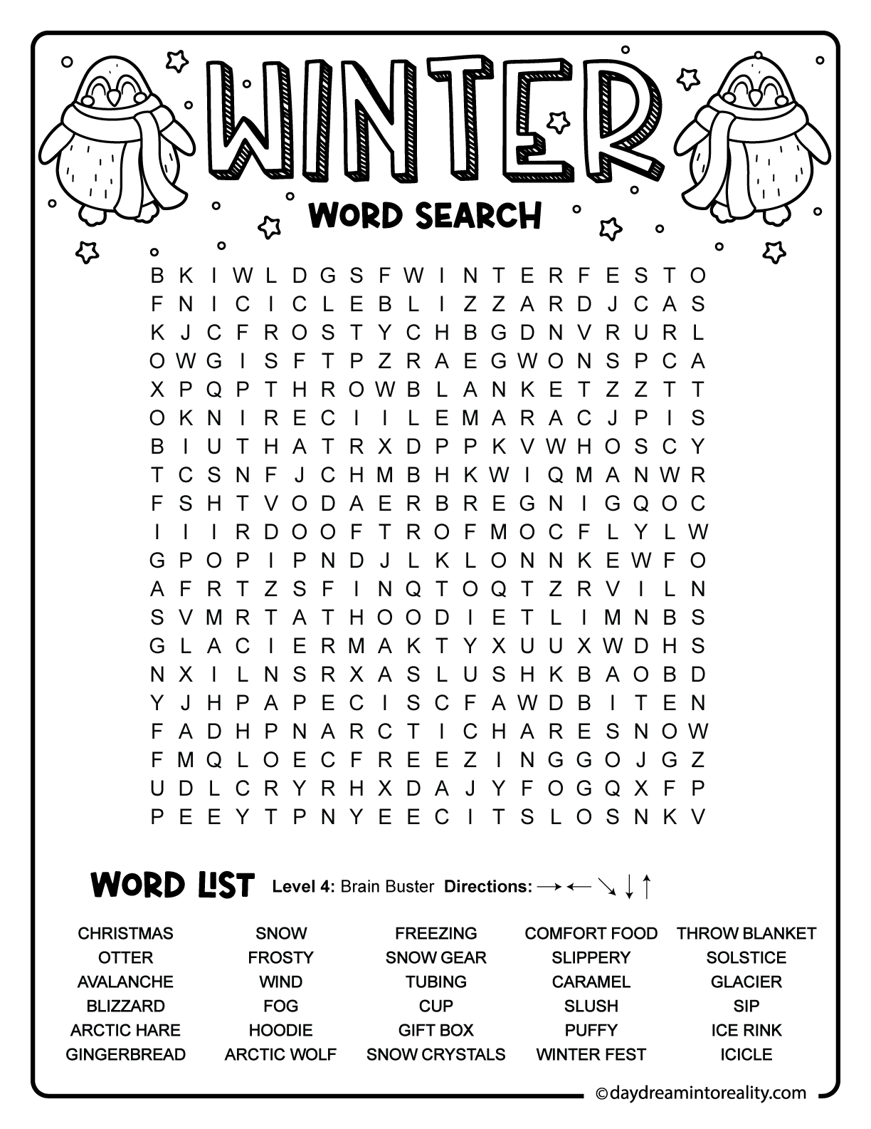 Winter word search puzzle for confident readers featuring a large grid filled with a variety of winter vocabulary.