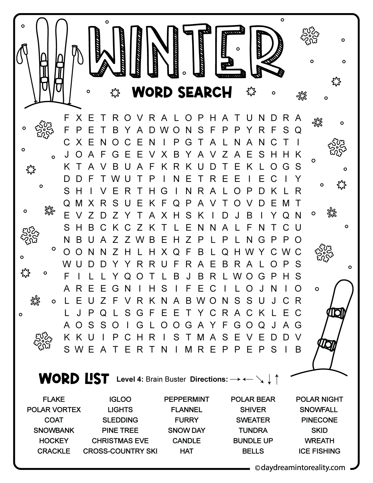 Challenging winter word search for older kids or strong readers with many seasonal words in a wide printable grid.