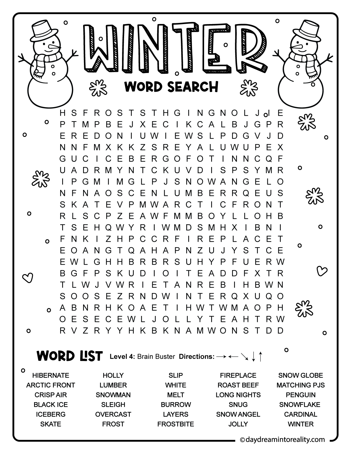 Large winter word search designed for experienced young readers using broad winter vocabulary in a big grid layout.