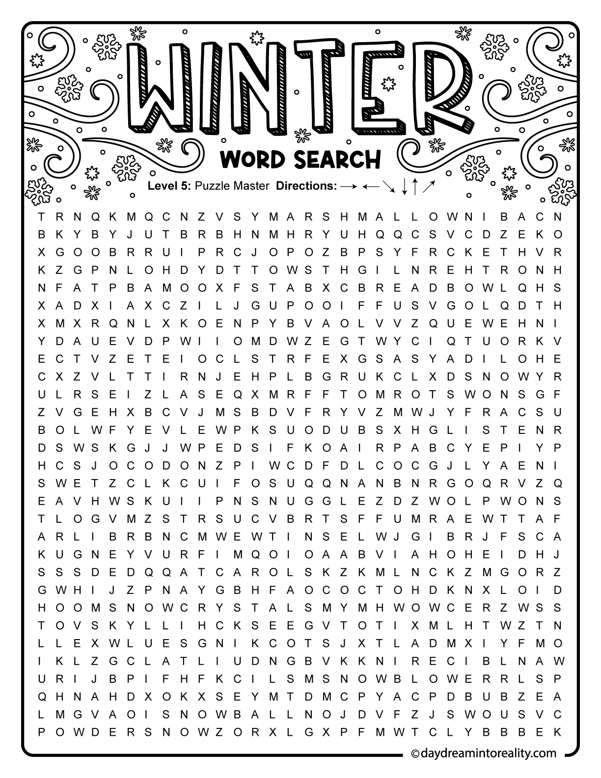 Hard winter word search printable with an extra-large grid and around fifty winter words for kids and adults ready for a challenge.