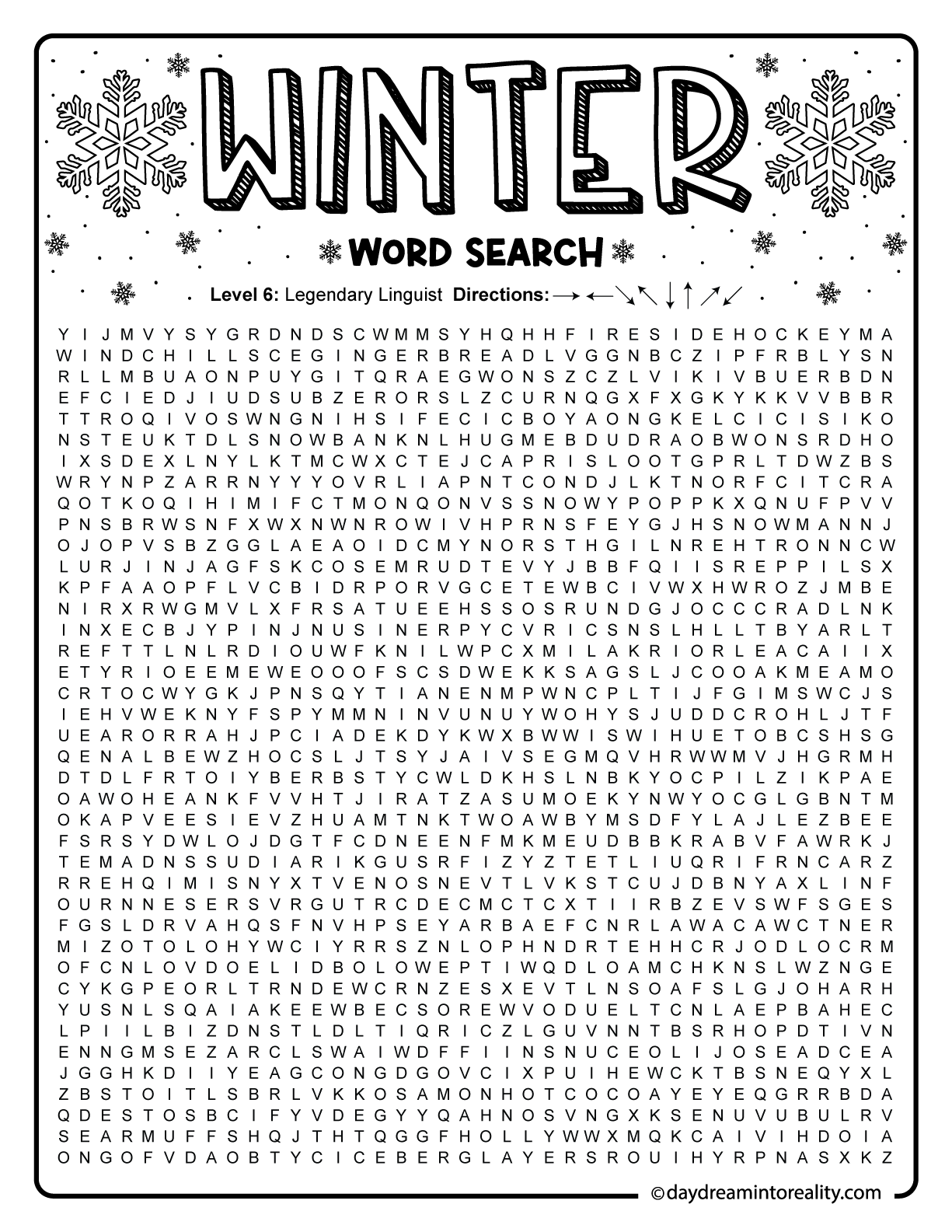 Massive winter word search filled with one hundred winter words in a giant grid, perfect for experienced solvers and winter puzzle fans.