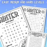 winter word search for kids free printable featuring easy medium and hard levels with multiple puzzle pages displayed on a blue background great for preschool kindergarten first grade and early elementary word search activity