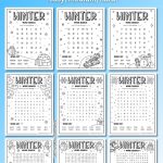 free winter word searches printable pack showing a grid of multiple puzzles for preschool kindergarten and elementary kids including cvc and simple vocabulary winter themed word search activity