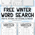 free winter word search for prek kindergarten first grade and elementary kids featuring several black and white printable puzzles arranged in a vertical layout winter literacy worksheet