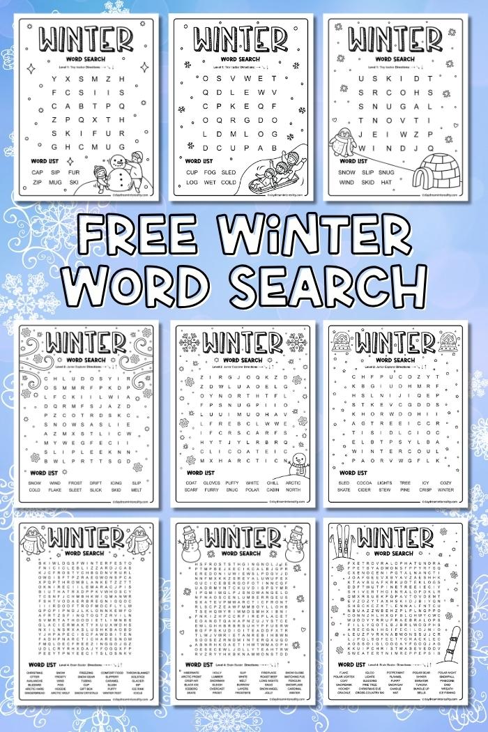 free winter word search printable featuring several kids word searches shown in a multi box collage perfect for preschool kindergarten and early grades winter literacy activity