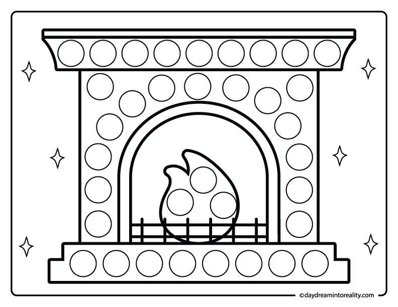 Cozy winter fireplace dot marker printable page for toddlers and preschoolers