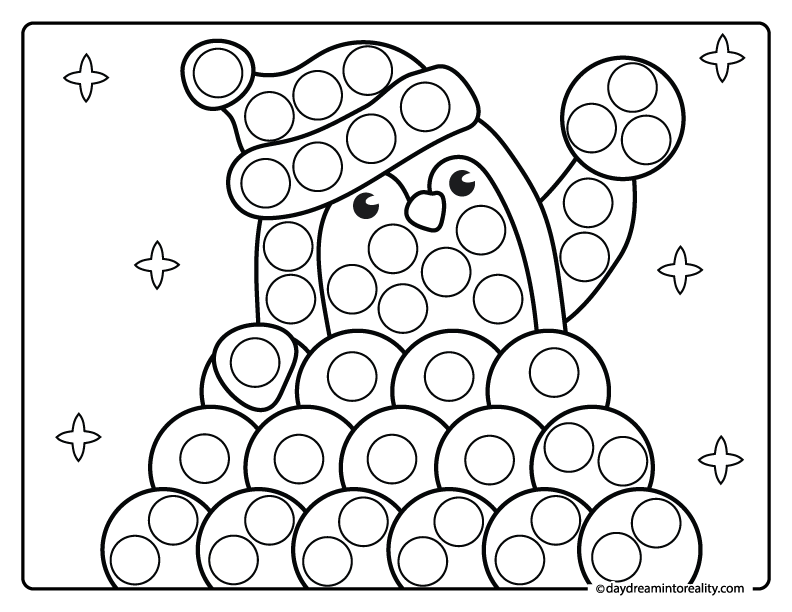 Penguin snowball winter dot marker printable activity page for toddlers, preschoolers, and kids