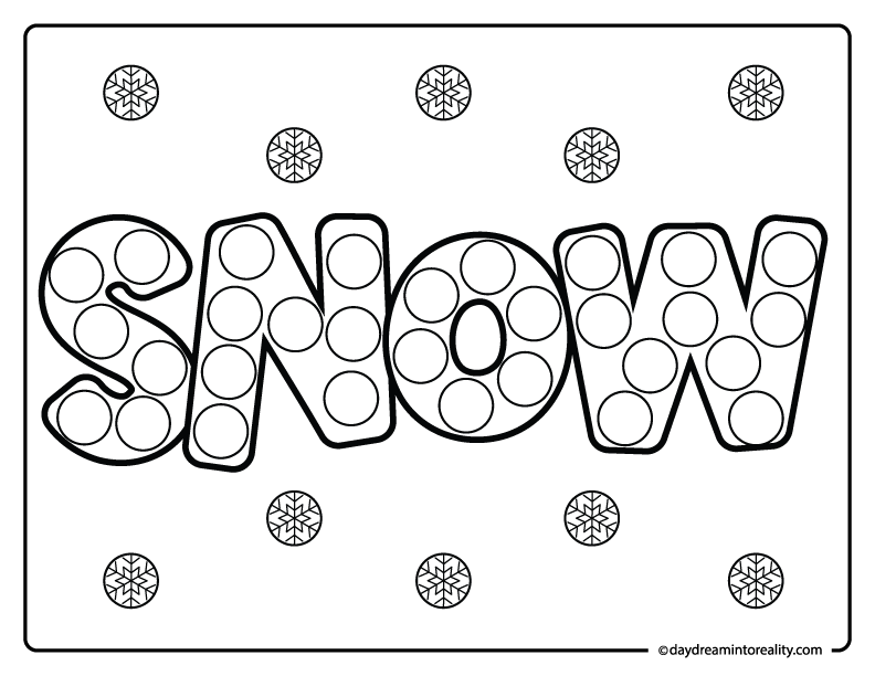 Snow word dot marker coloring page for toddlers and preschoolers