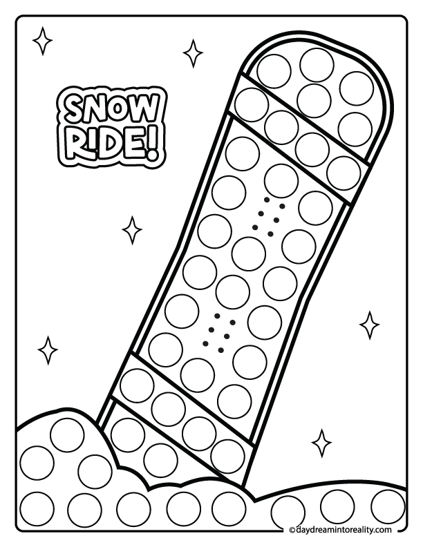 Snowboard winter dot marker coloring activity for preschoolers and kids