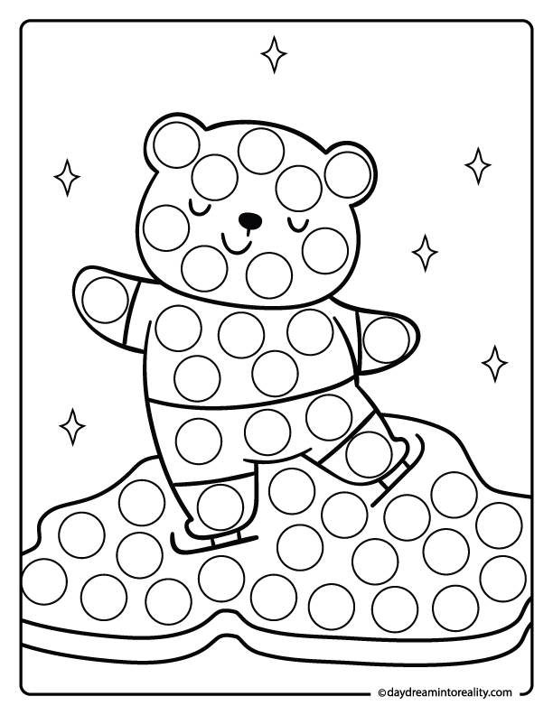 Teddy bear on ice winter dot marker coloring page for toddlers and preschool kids