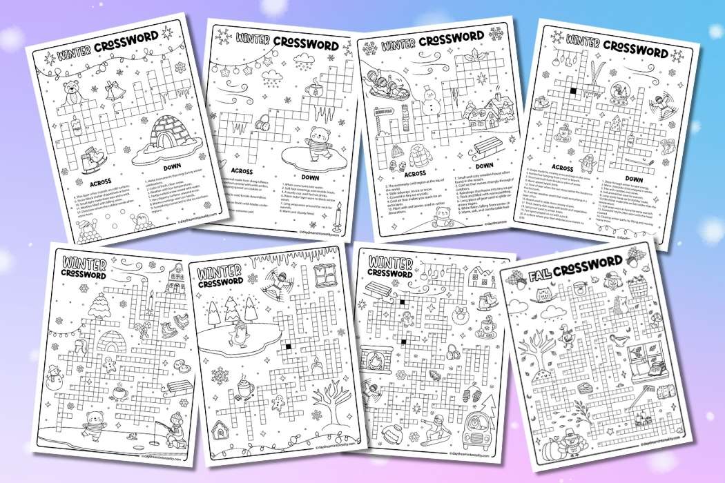 Winter crossword puzzle set shown in a horizontal layout featuring multiple easy, medium, hard, and advanced winter-themed crosswords. A preview of all four difficulty levels is displayed together, highlighting fun seasonal illustrations and printable worksheets for kids and adults.