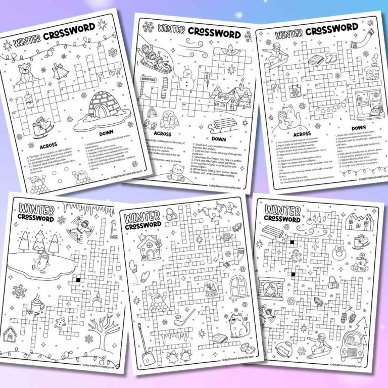 Winter crossword puzzle bundle displayed in a square layout with previews of all four difficulty levels. The image shows several winter-themed crossword worksheets for kids, teens, and adults, featuring a mix of easy, medium, hard, and advanced puzzles.