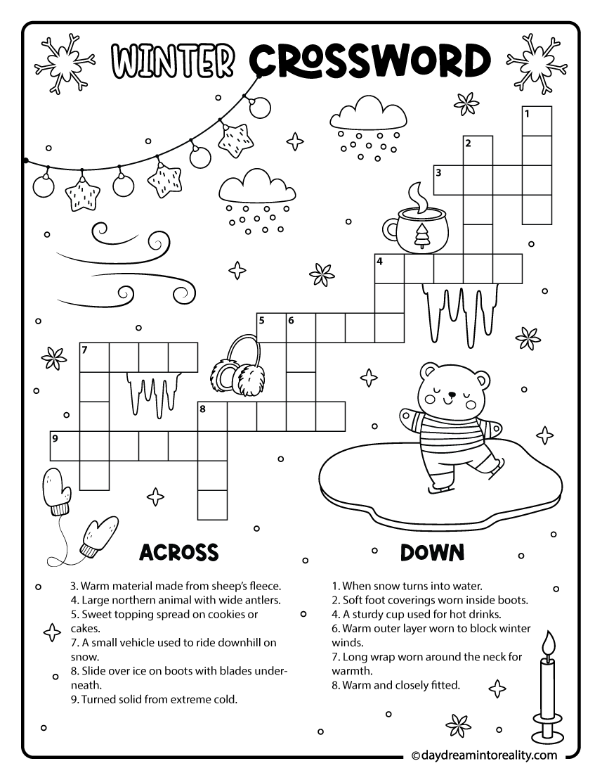 Crossword puzzle with a winter theme at the easy level featuring 12 short words and simple clues. Designed for young kids and early readers, this printable offers a beginner-friendly layout with clear boxes and a fun seasonal activity.