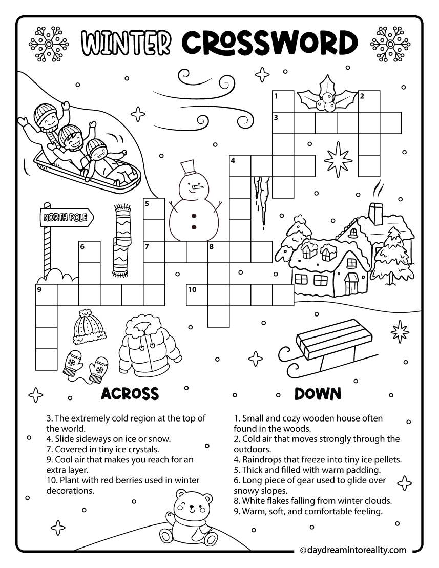 Crossword puzzle with a winter theme at the easy level using 12 words. The layout includes short entries and gentle clues, making it ideal for early readers who are just beginning crossword activities.