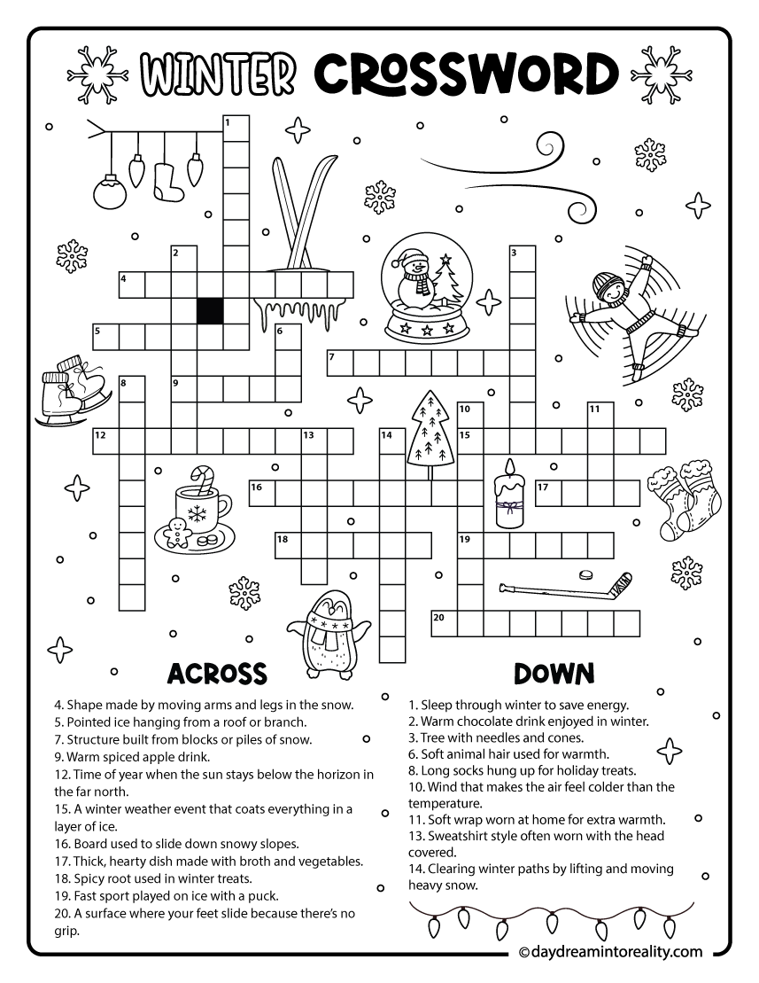 Winter-themed crossword puzzle at the medium level featuring 20 words. This printable provides a balanced challenge with moderate clues well suited for older elementary or early middle school students.