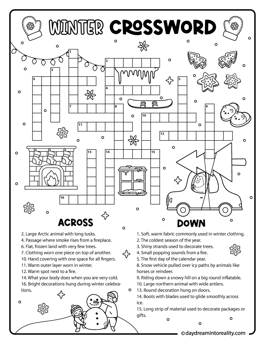 Crossword puzzle with a winter theme at the medium level containing 20 words. The layout offers a bit more challenge while keeping clues clear and accessible for growing learners.