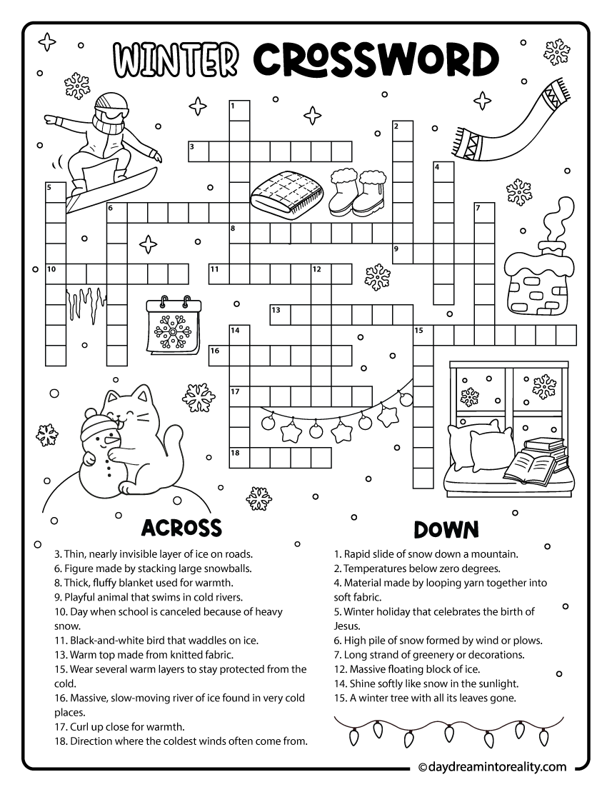Winter crossword puzzle at the medium level using 20 words. This educational worksheet delivers a comfortable step up in difficulty with structured clues ideal for upper-elementary students.