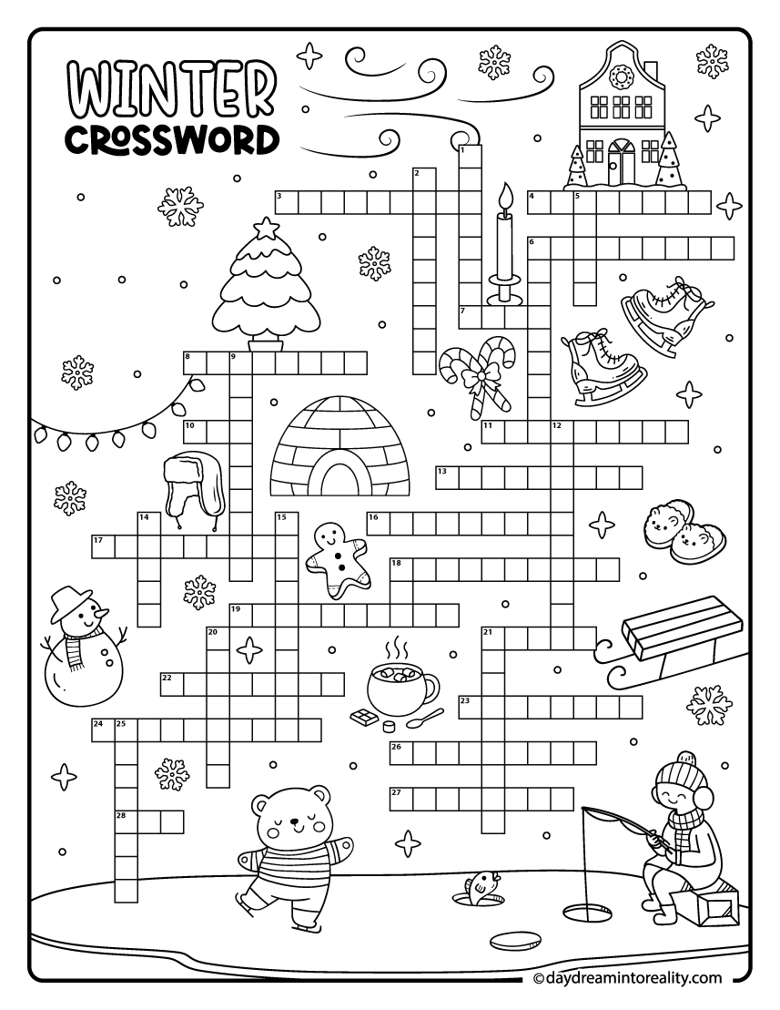 Winter-themed crossword puzzle at the hard level featuring 30 words. Designed for middle and high school students, it includes more complex clues for a satisfying challenge.