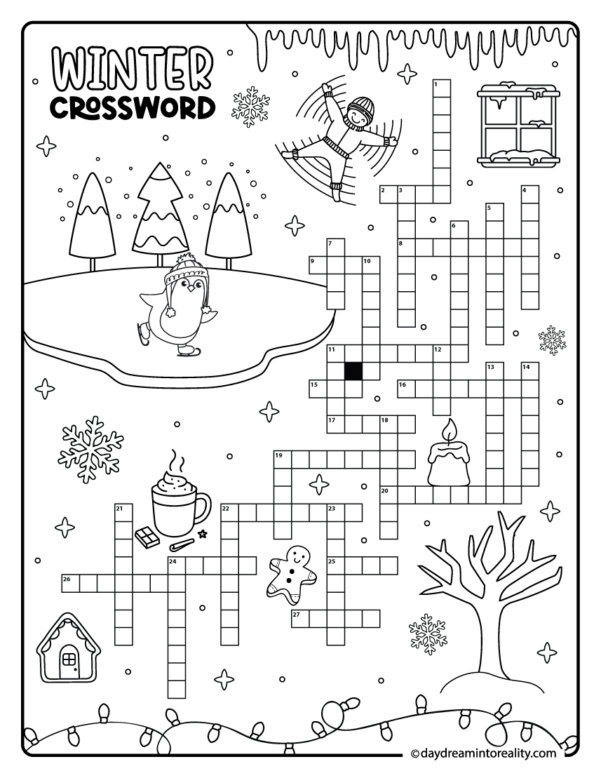 Crossword puzzle with a winter theme at the hard level using 30 words. This brain-teasing printable offers layered, challenging clues suited for older students and avid puzzle solvers.