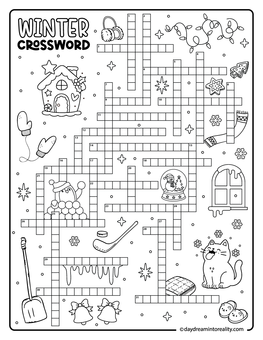 Winter crossword puzzle at the hard level featuring 30 words. This worksheet provides a more demanding layout with intricate clues perfect for teens or experienced young puzzlers.