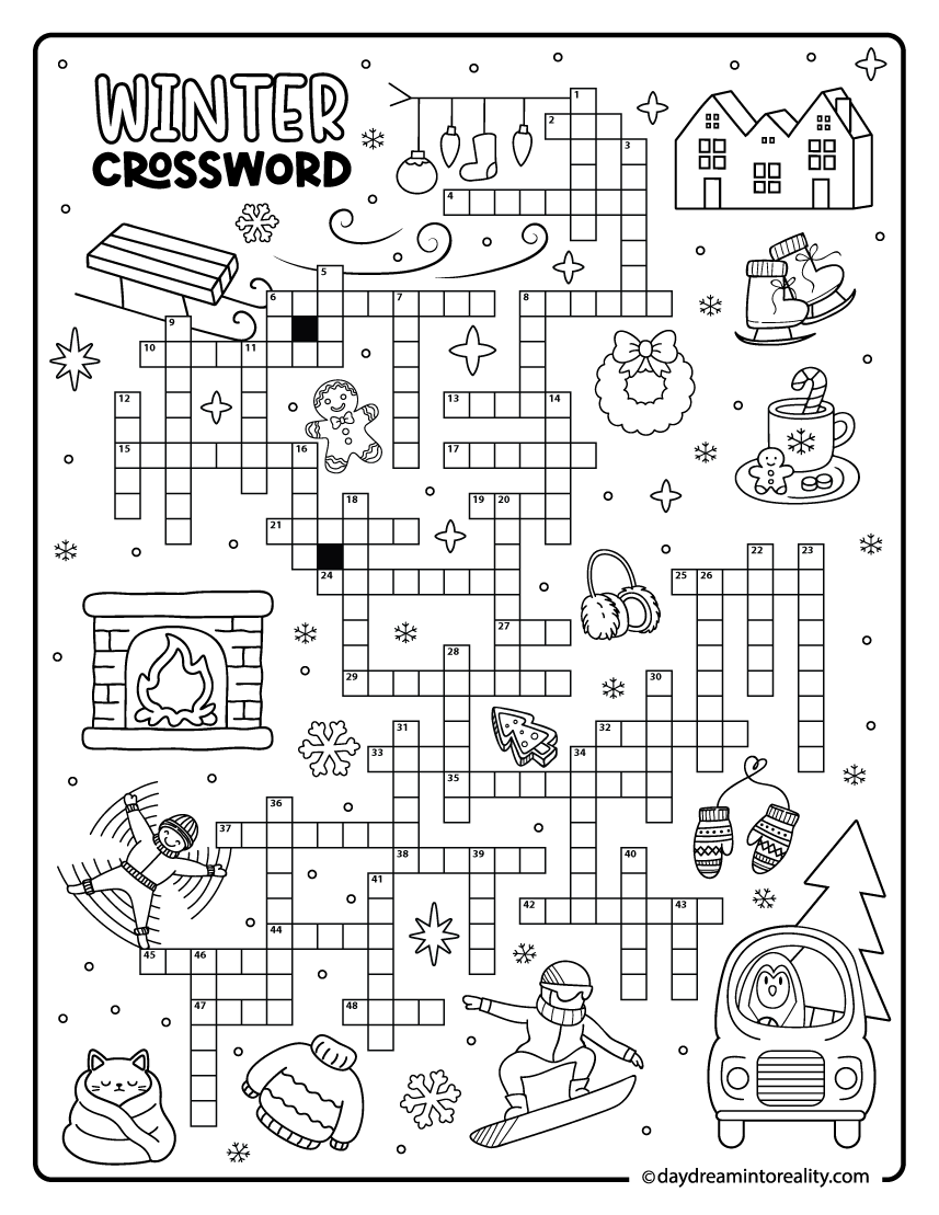 Advanced winter-themed crossword puzzle featuring 50 words. This dense and challenging grid is ideal for teens, adults, and experienced solvers looking for an engaging winter activity.