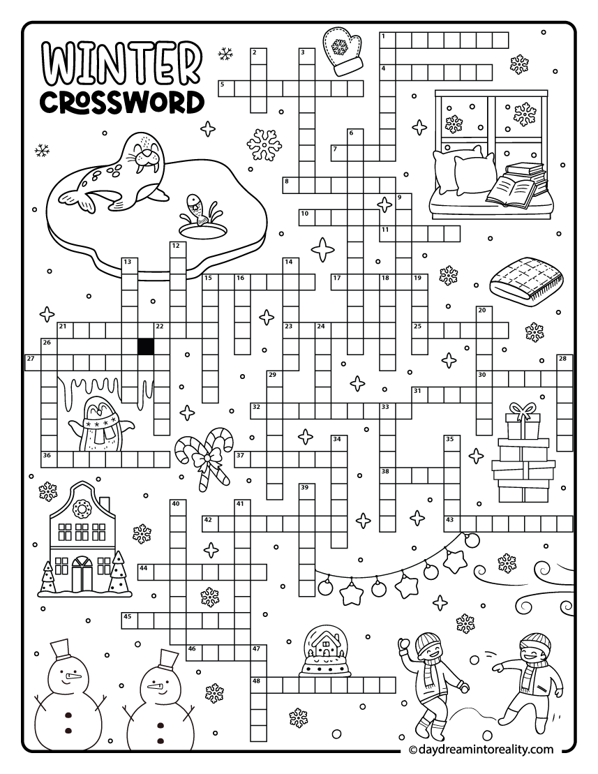 Crossword puzzle with a winter theme at the advanced level including 50 words. This printable features a full, detailed grid and challenging vocabulary designed for adult puzzle fans and dedicated learners.