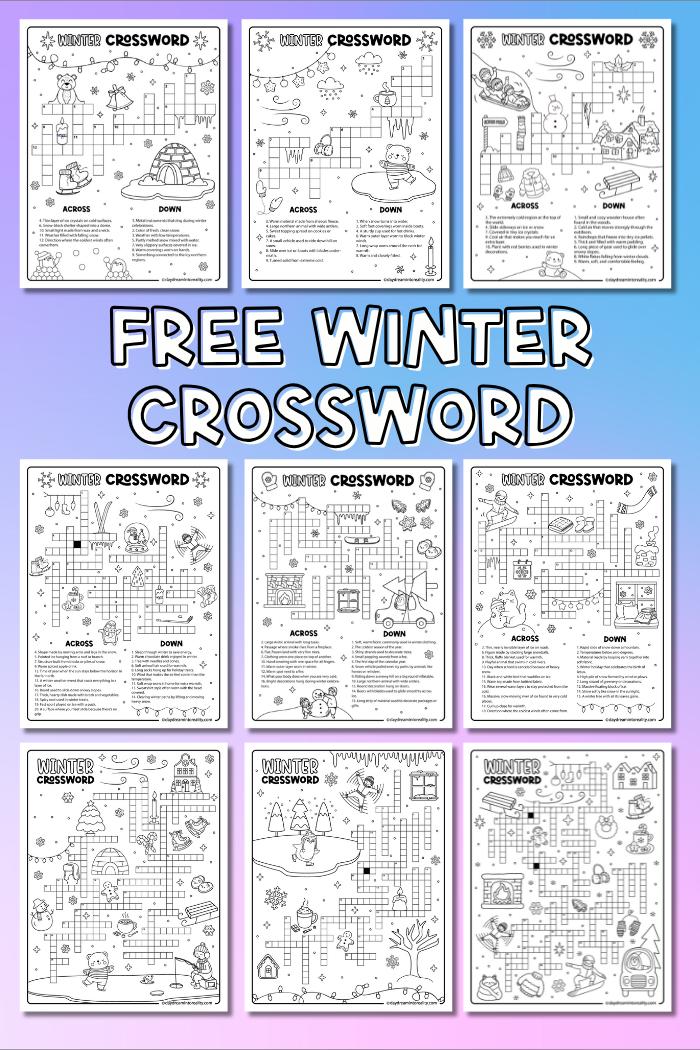 Winter crossword puzzle bundle shown in a grid layout featuring previews of easy, medium, hard, and advanced winter-themed crosswords. This pin highlights free printable winter crossword worksheets for kids and adults.