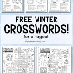 Winter crossword printable set shown in a layered pin design featuring easy, medium, and hard levels. This pin highlights multiple winter-themed crosswords with seasonal illustrations and free printable worksheets.
