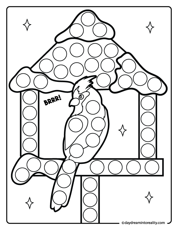Winter bird dot marker coloring activity for toddlers and preschool kids